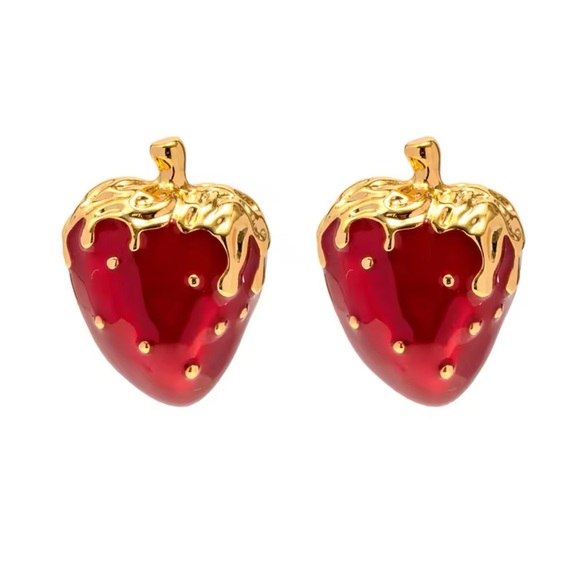 ◾️18k Gold Plated Enameled Glaze Strawberry Dangle Earrings - Picture 5 of 8